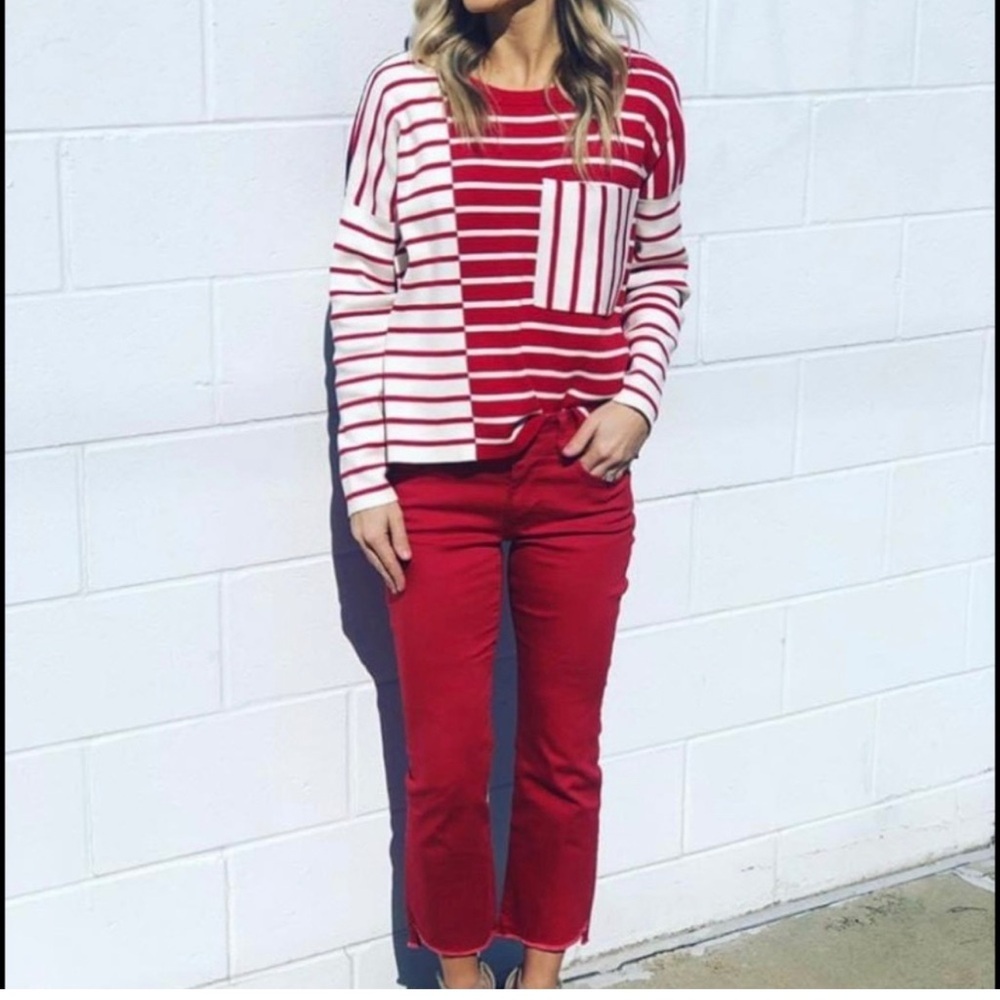 CAbi Pocket Pullover Red & White Stripe Sweater Nautical Coastal Sz L NWOT